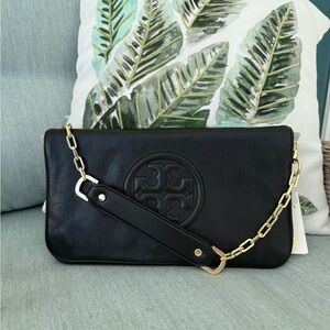 Tory Burch Bombe Reve Black Leather Chain Shoulder Bag Clutch